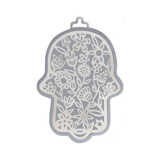 Small Metal Cutout Hamsa, Silver and Gray Floral, 3"