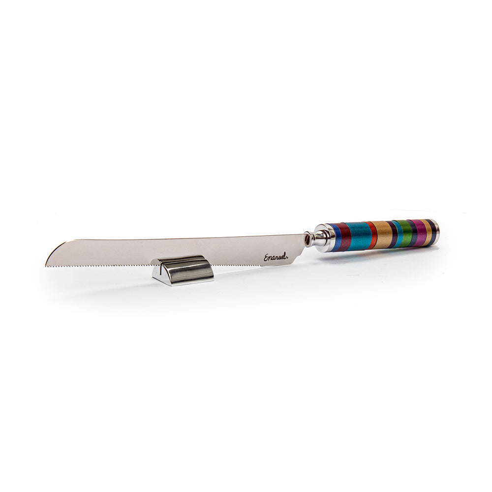 Challah Knife with Anodized Handle, Multicolor Rings