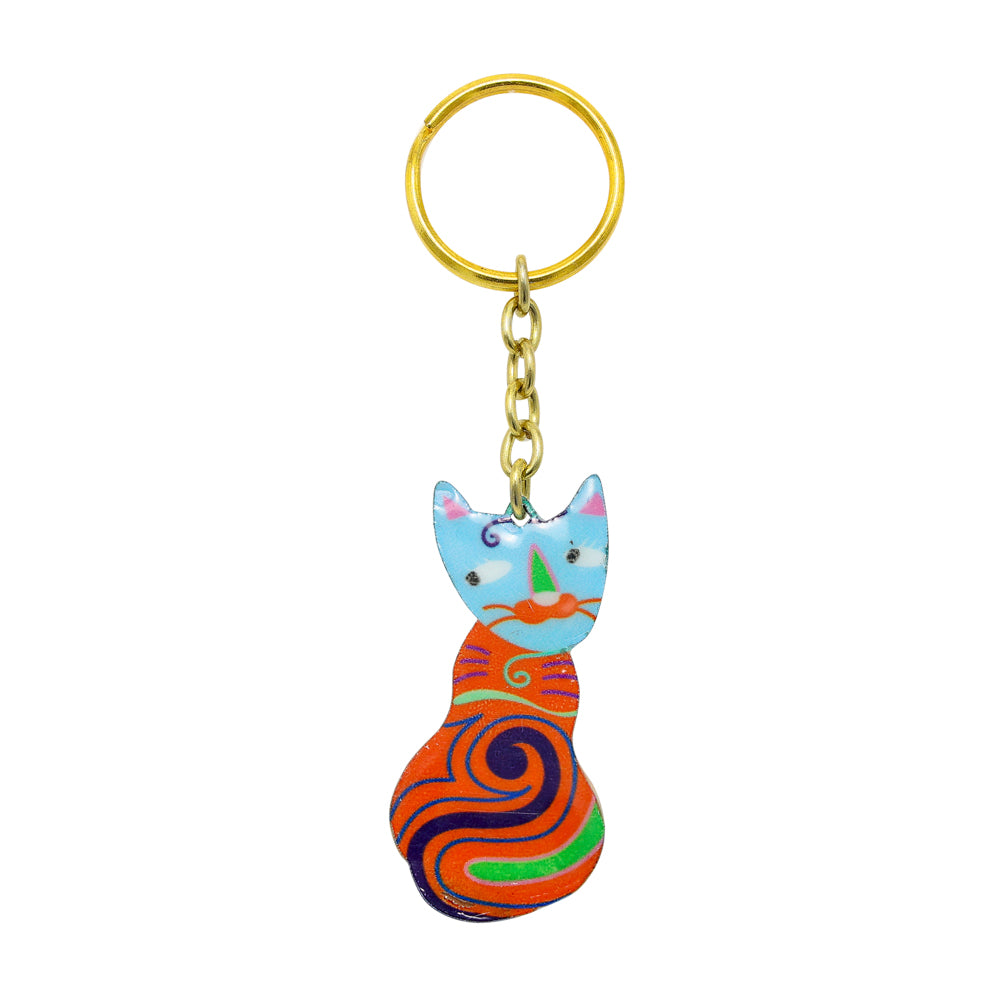 Metal Cat Key Chain, Turquoise and Orange