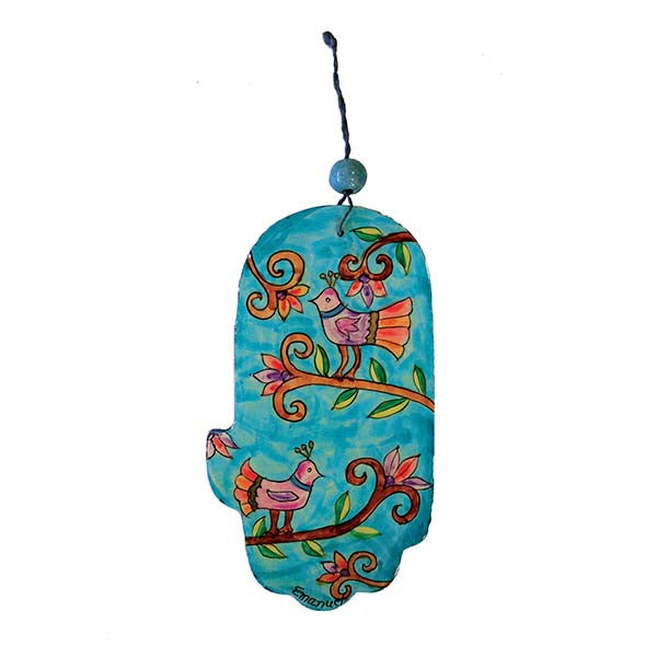 Hand Painted Wood Hamsa, Birds, 6"