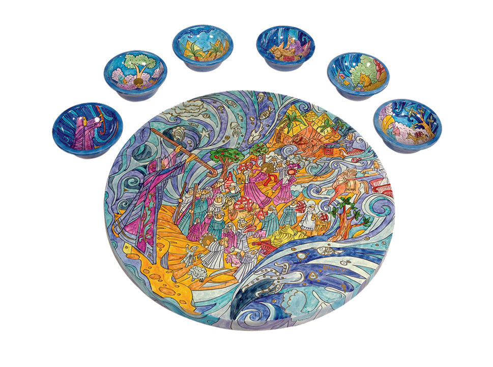 Hand Painted Wood Seder Plate Set, Exodus