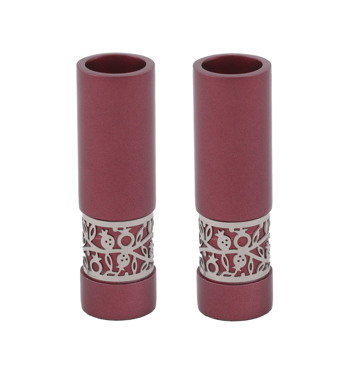 Aluminum Candlesticks with Cutout Band, Maroon Pomegranate