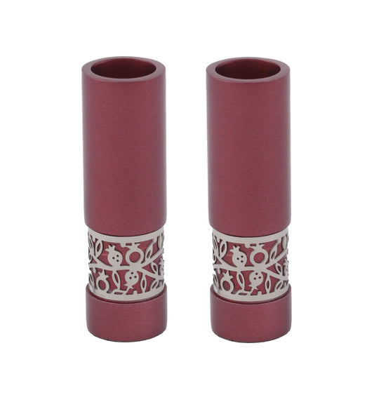 Aluminum Candlesticks with Cutout Band, Maroon Pomegranate