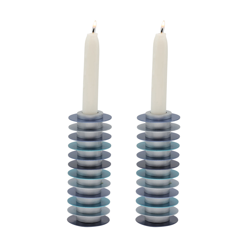 Modern Disc Aluminum Shabbat Candlesticks, Blue