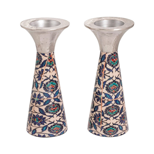 Cone Metal Shabbat Candlesticks, Oriental Floral
