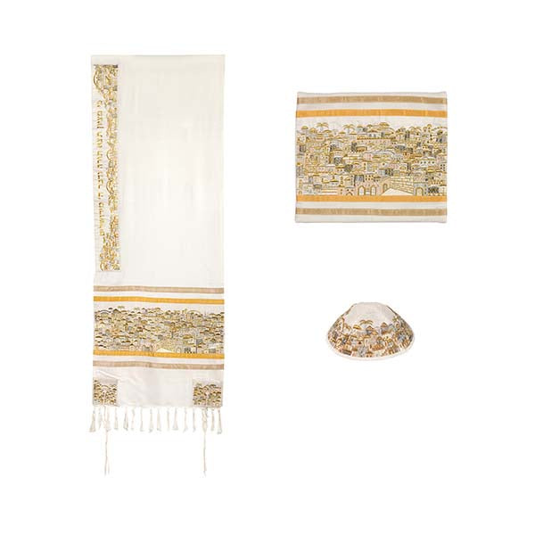 Embroidered Tallit, Jerusalem, Silver/Gold, 20.5"