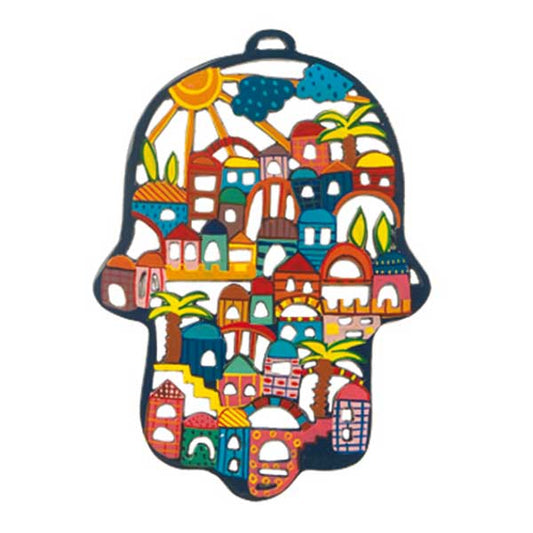 Hand Painted Laser Cut Metal Hamsa, Jerusalem, 9.5"