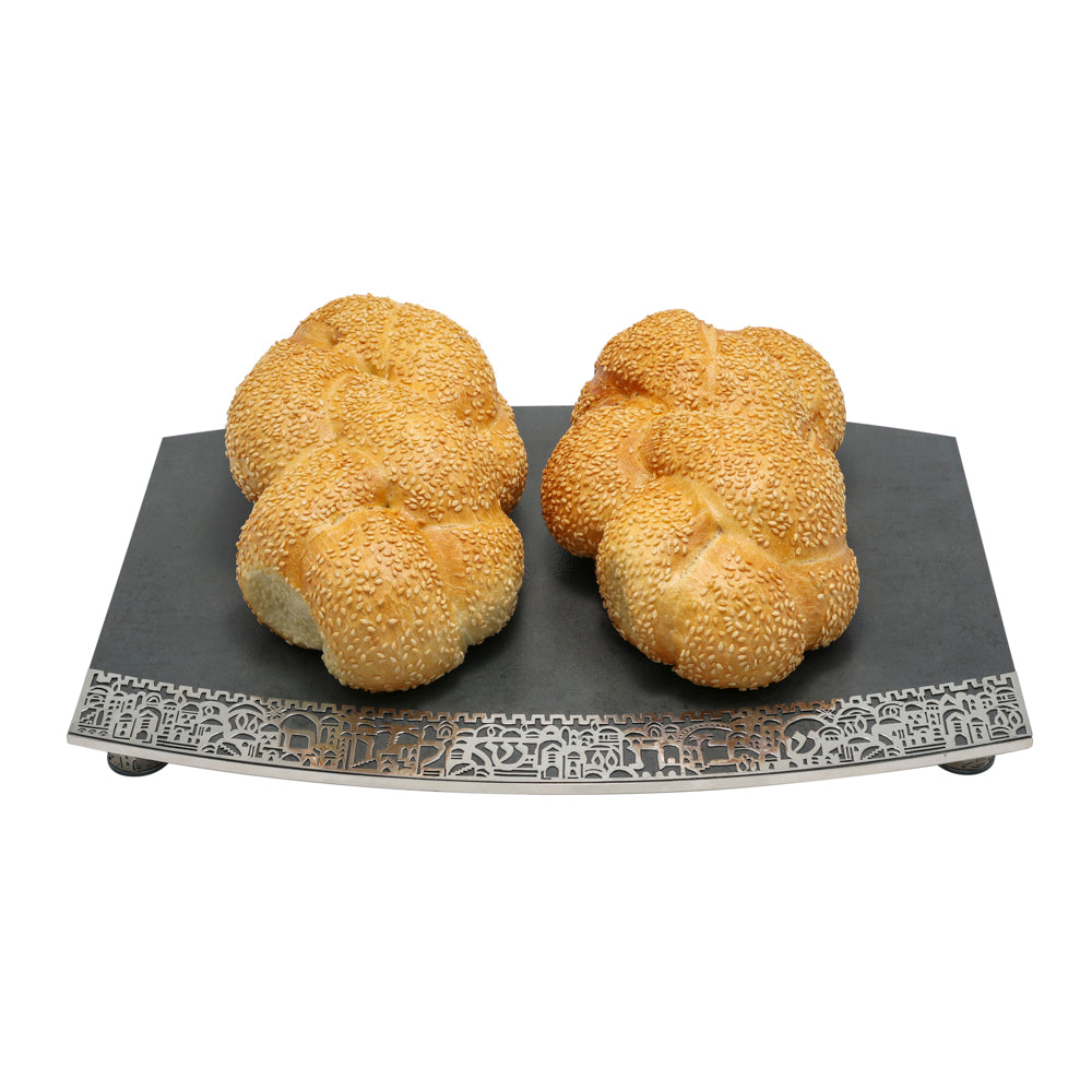 Porcelain Challah Board with Metal Cutout, Jerusalem, Gray