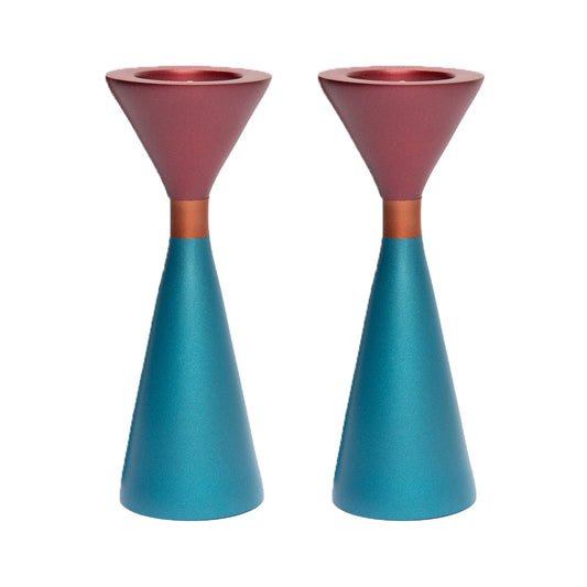 Modern Two-Sided Aluminum Candlesticks, Red & Turquoise