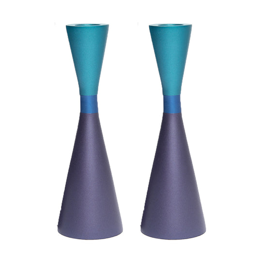 Modern Anodized Aluminum Shabbat Candlesticks, Purple + Turquoise
