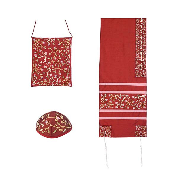Embroidered Tallit Set, Floral Maroon