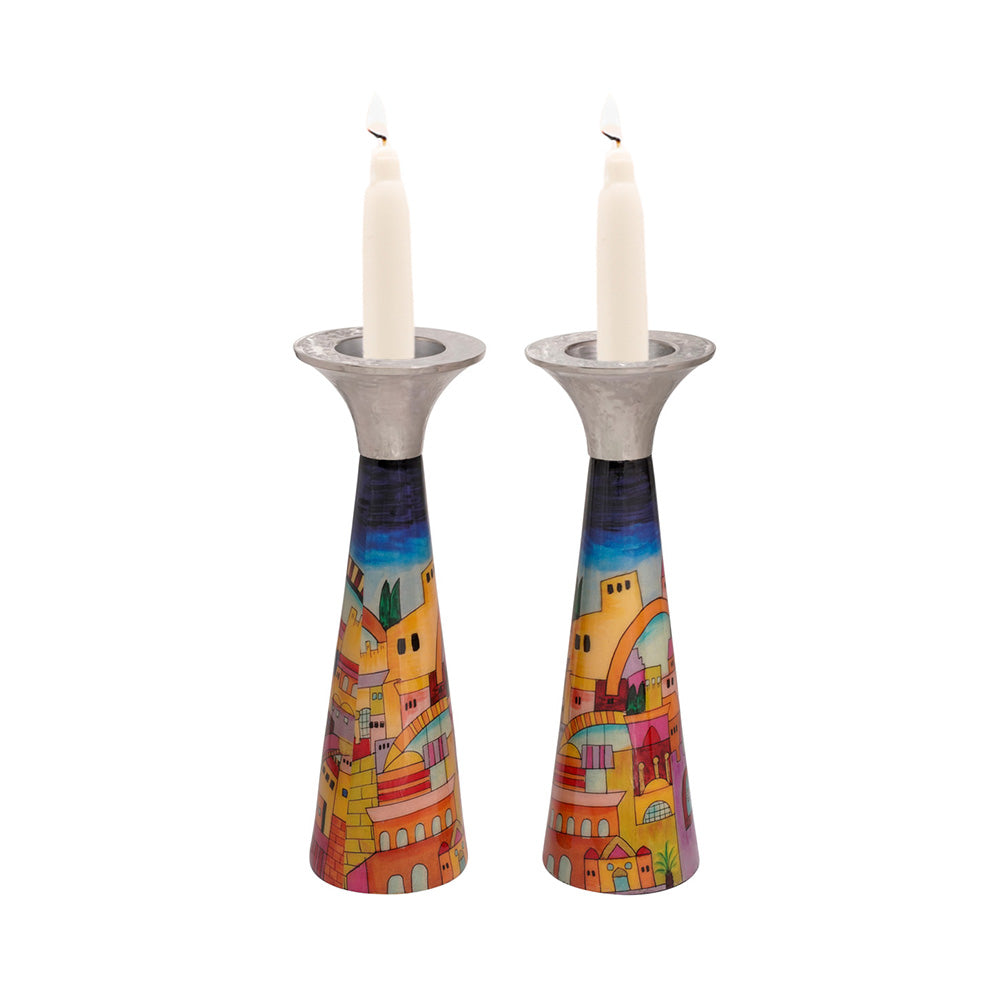 Neema Enamel Metal Candlesticks, Jerusalem, 8.5"