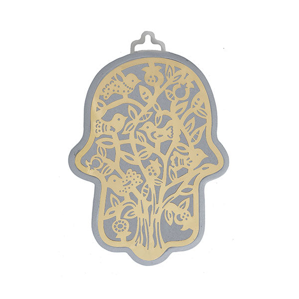 Small Silver Hamsa, Brass Tree of Life Cutout, 3"