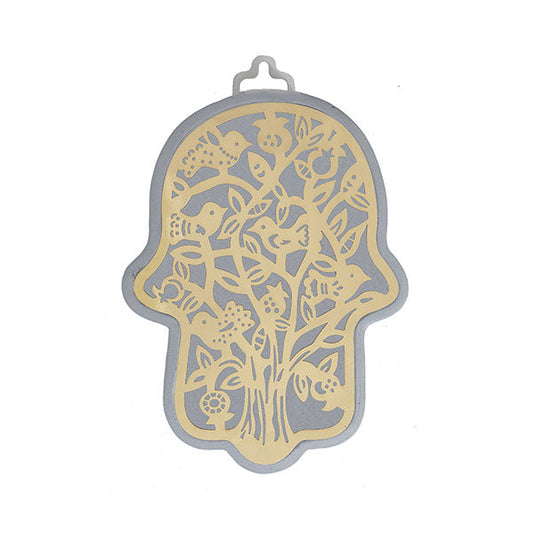 Small Silver Hamsa, Brass Tree of Life Cutout, 3"