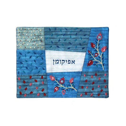 Appliqued and Embroidered Afikoman Cover, Pomegranate Blue