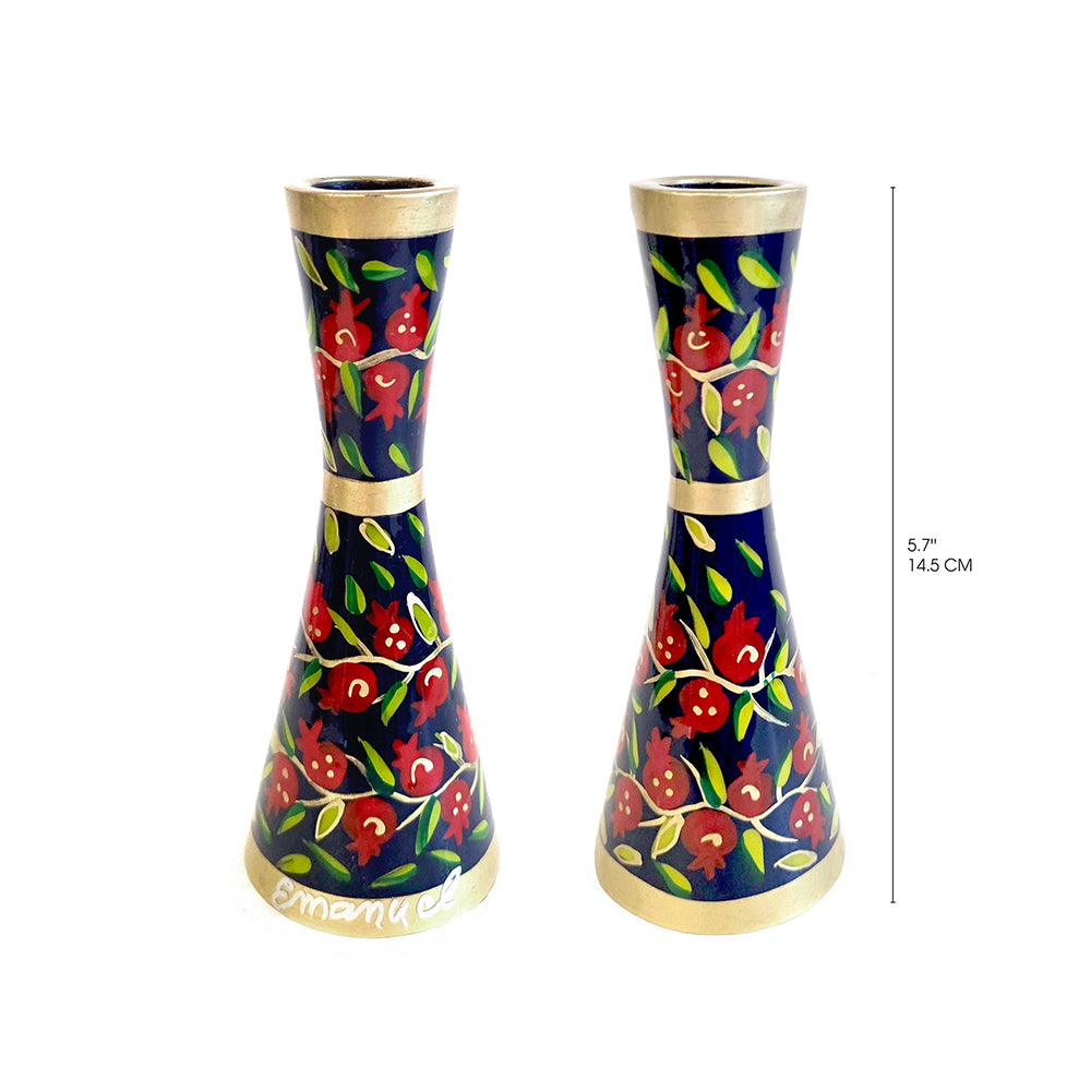 Hand Painted Metal Shabbat Candlesticks, Pomegranate