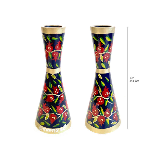 Hand Painted Metal Shabbat Candlesticks, Pomegranate
