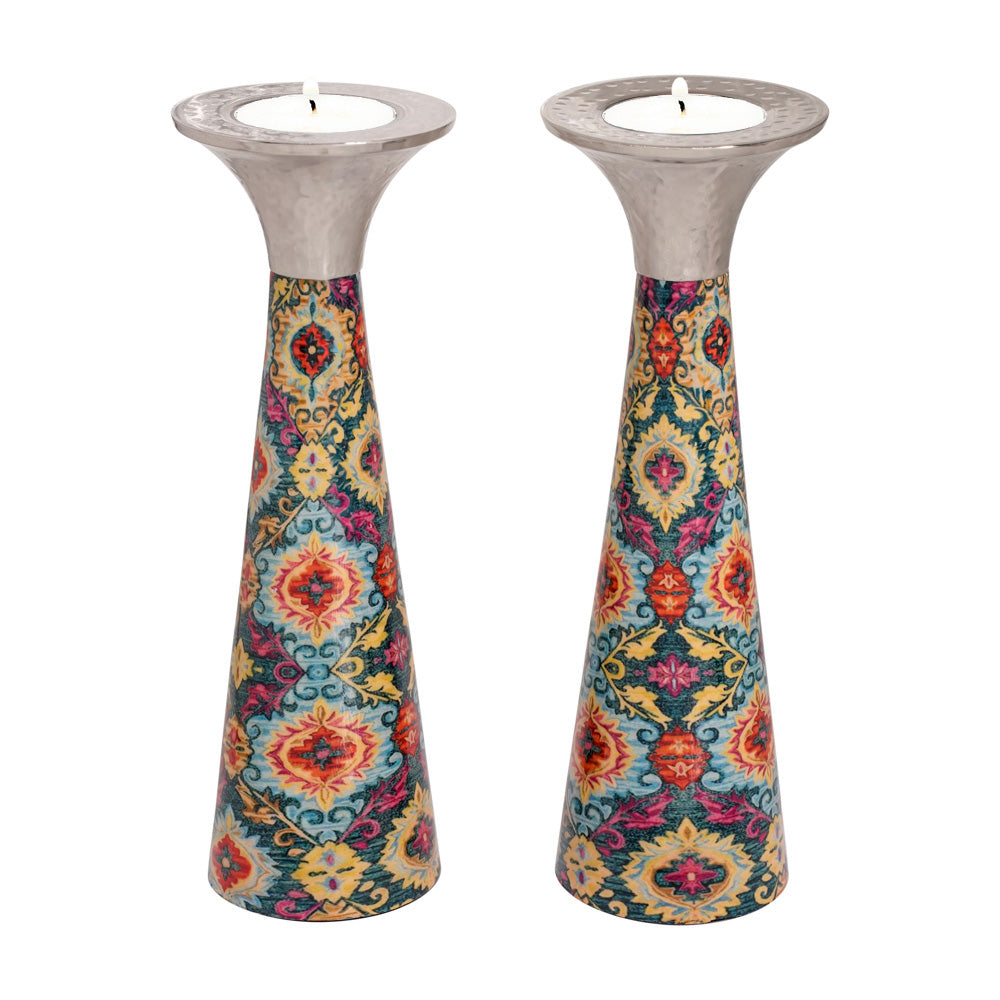Cone Metal Shabbat Candlesticks, Tall Multicolor