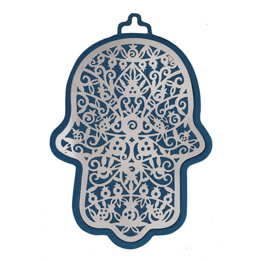 Large Blue and Silver Metal Cutout Hamsa, 6.5", Pomegranate