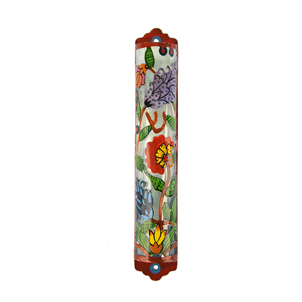 Hand Painted Metal Mezuzah Case, Floral 6"