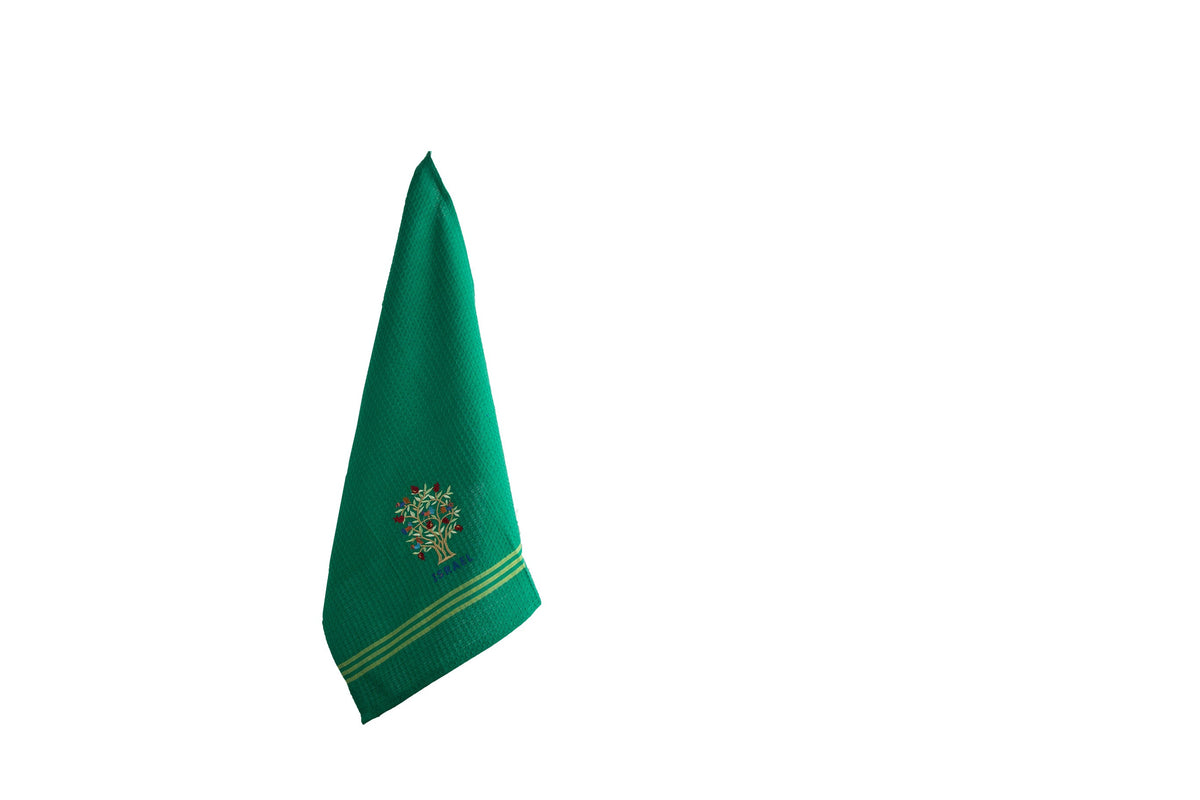 Embroidered Cotton Dish Towel, Tree of Life Israel, Green