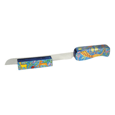 Hand Painted Wood Challah Knife and Stand, Oriental