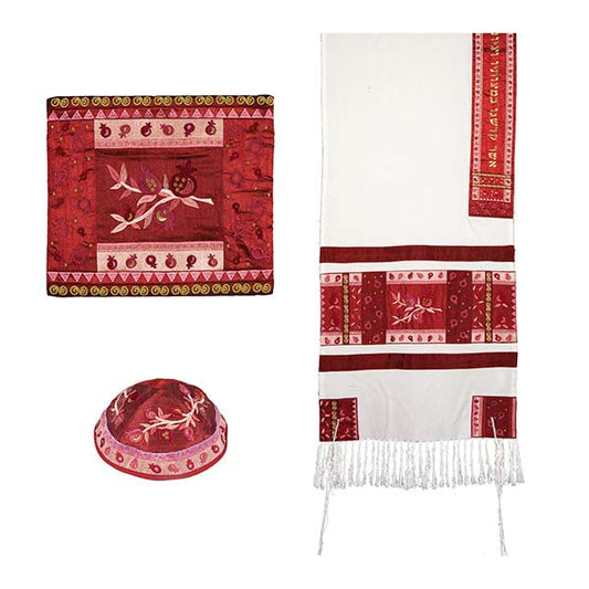 Embroidered Appliqué Tallit, Pomegranates Maroon, 20.5" Wide