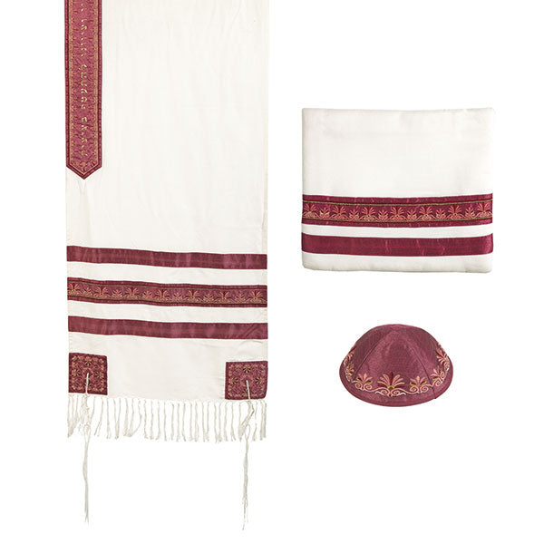 Embroidered Cotton Blend Tallit, Maroon, 19.5" Wide