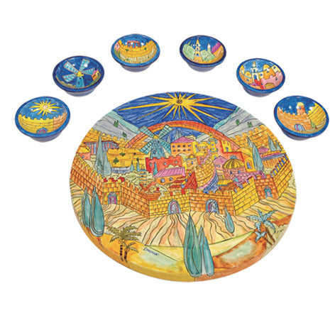 Hand Painted Wood Seder Plate Set, Jerusalem