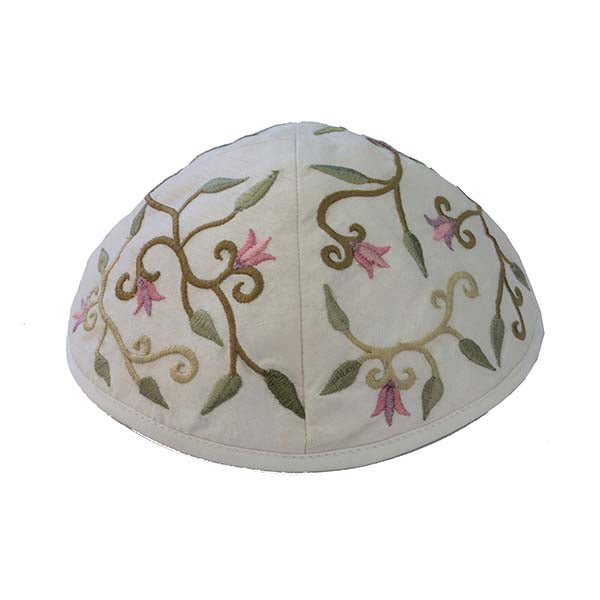 Flowers Embroidered Kippah, White