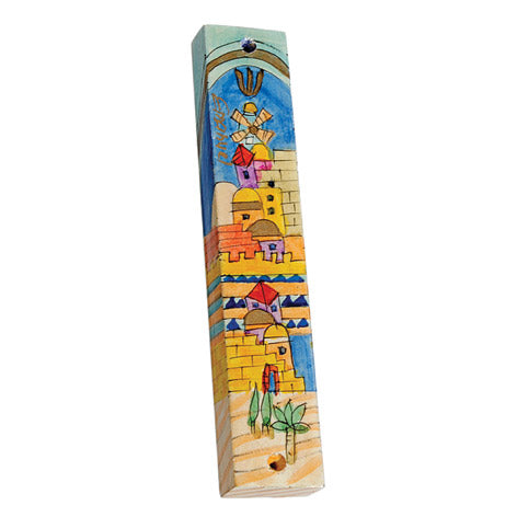 Hand Painted Wood Mezuzah Case, Jerusalem Gate