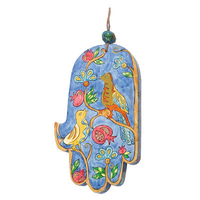 Hand Painted Wood Hamsa, Birds and Pomegranates, 6"