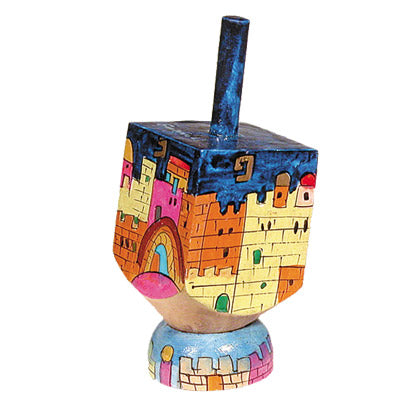 Hand Painted Wood Dreidel with Stand, Jerusalem, Peh