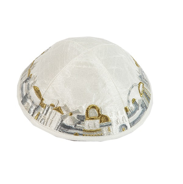 Jerusalem Embroidered Kippah, Silver and Gold