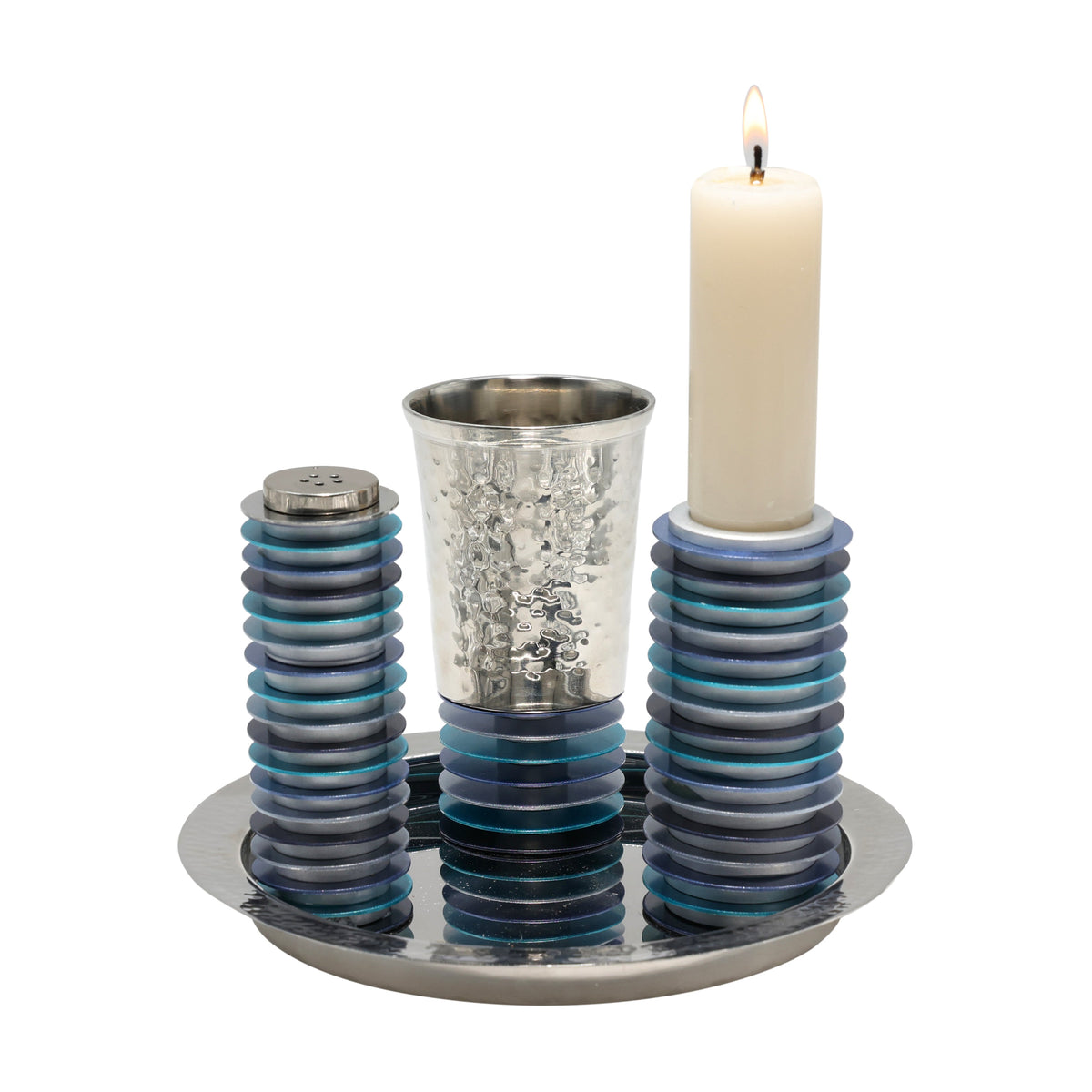 Hammered Metal Havdalah Set, Blue Discs