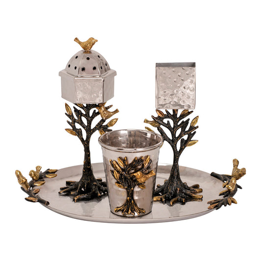 Tree of Life Havdalah Set, Hammered Steel, Brass Accents
