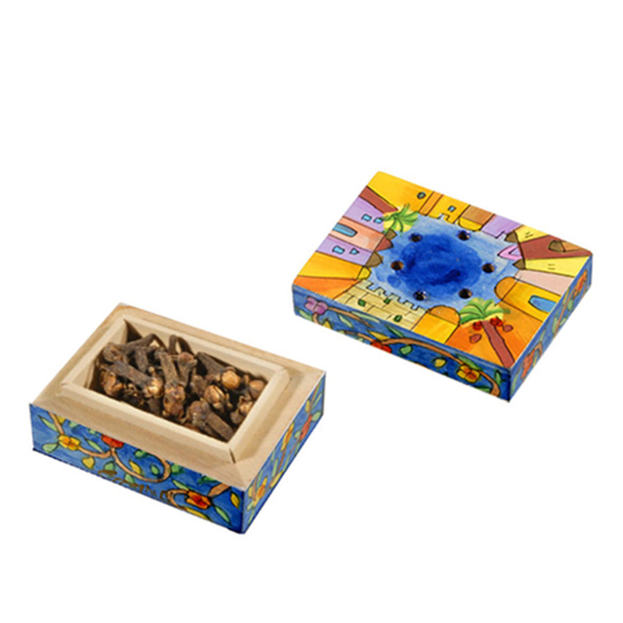 Hand Painted Wood Spice Box, Jerusalem and Flowers