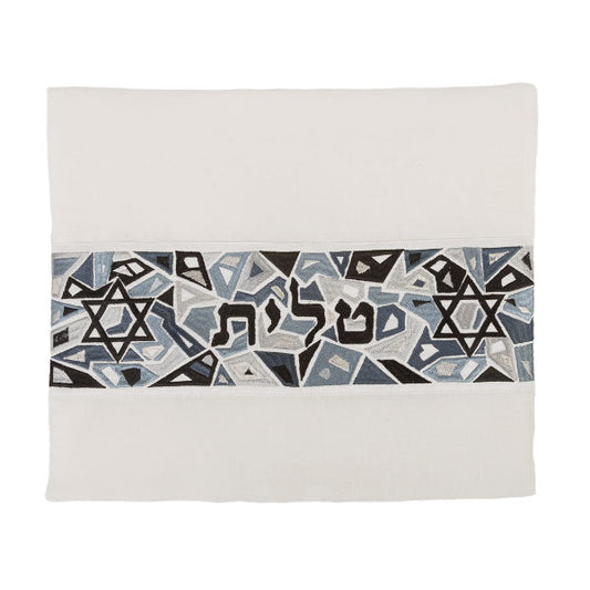 Embroidered Silk Tallit Bag, Magen David, Black and Gray