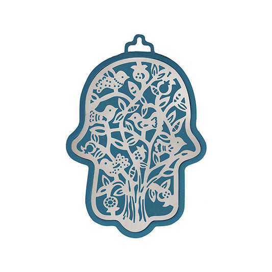 Small Metal Cutout Hamsa, Blue and Silver Tree of Life, 3"