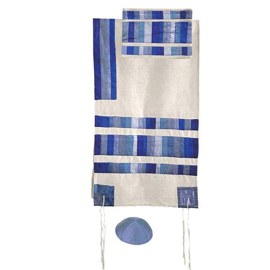 Raw Silk Tallit with Blue Stripes, 20"