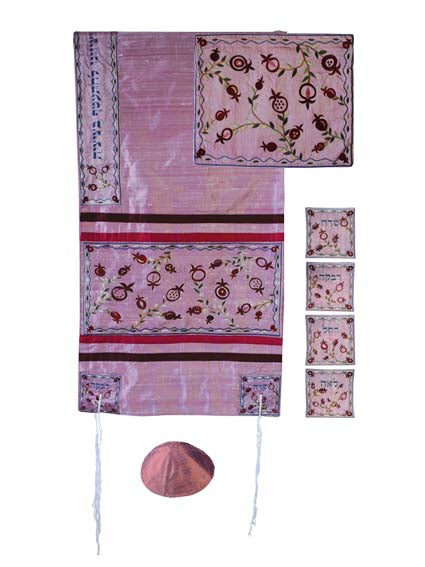 Raw Silk Appliqued Tallit Set, Pomegranate