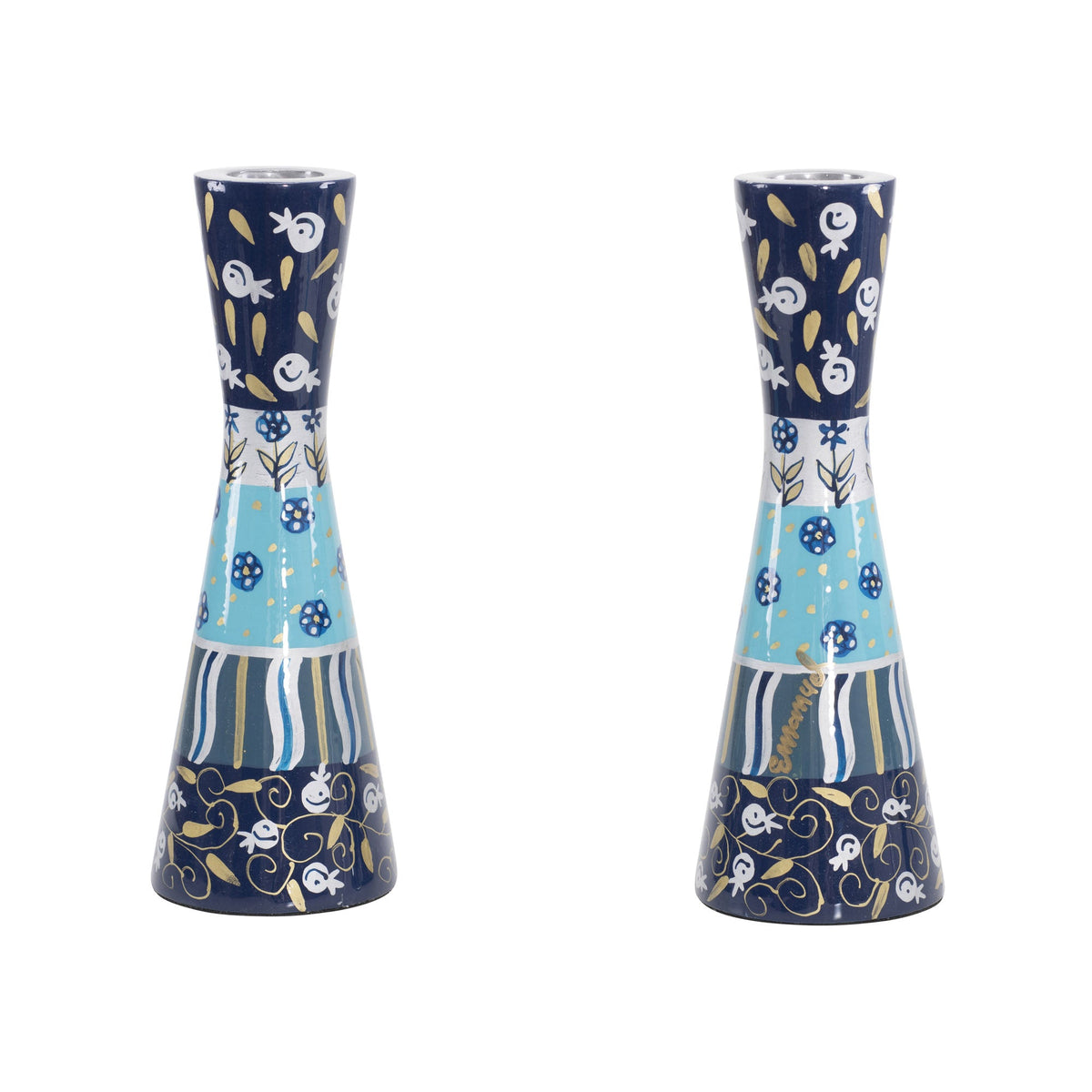 Hand Painted Metal Shabbat Candlesticks, Blue Layers