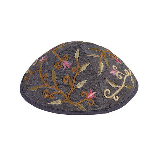 Flowers Embroidered Kippah, Gray