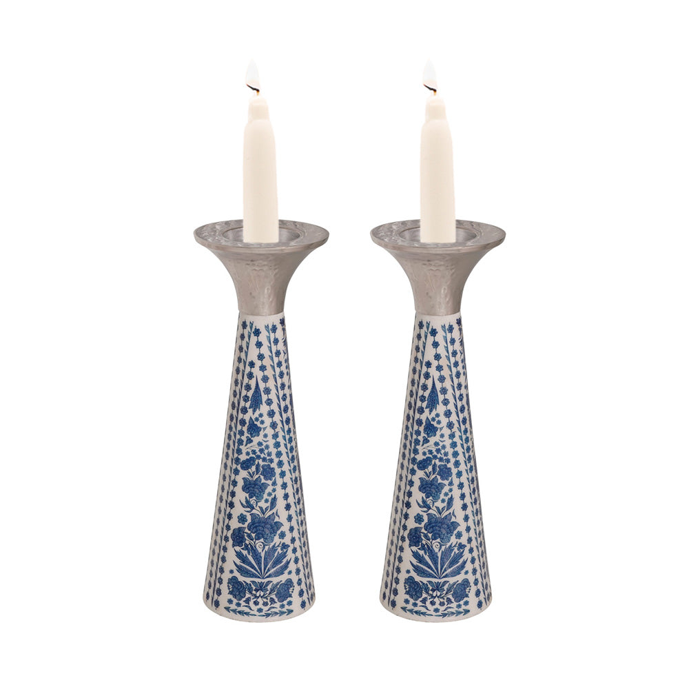 Neema Enamel Metal Candlesticks, Blue Floral