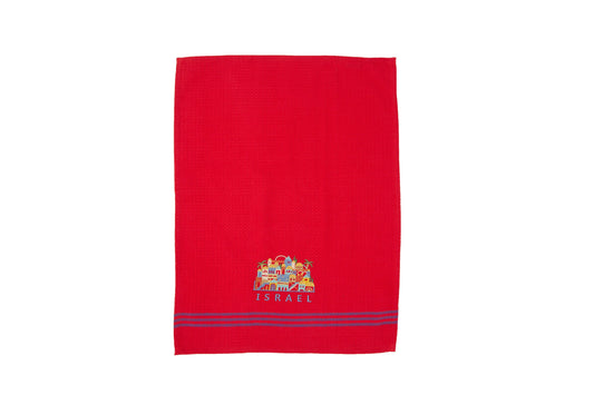 Embroidered Cotton Dish Towel, Jerusalem Houses, Red
