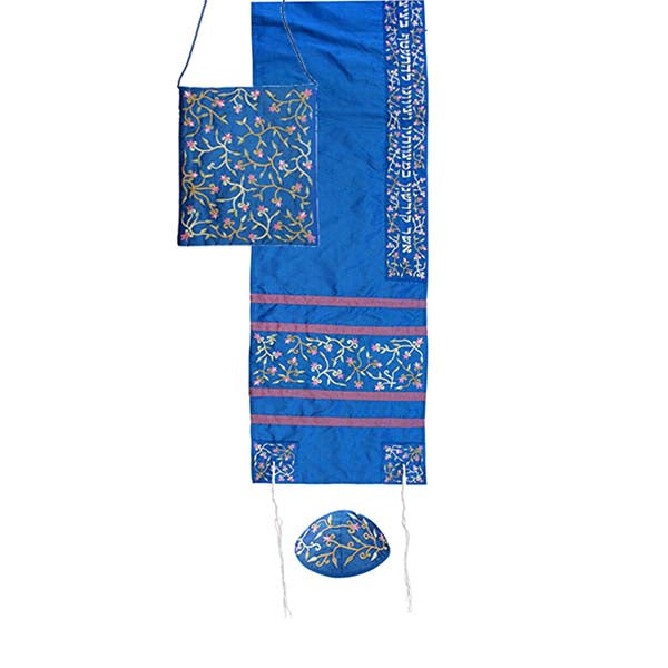 Embroidered Tallit Set, Floral, Blue