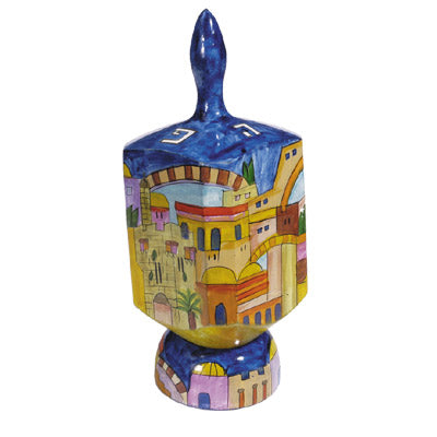 Hand Painted Wood Dreidel with Stand, XL Jerusalem