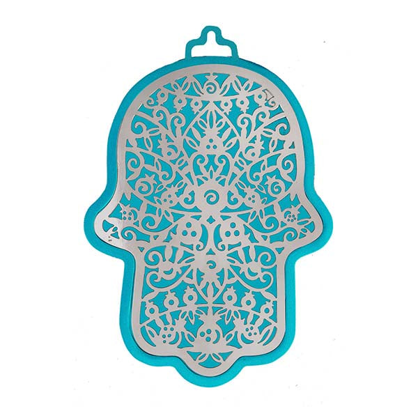 Large Metal Hamsa Wall Decor, Turquoise and Silver Pomegranate Cutout