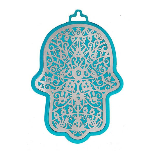 Large Metal Hamsa Wall Decor, Turquoise and Silver Pomegranate Cutout