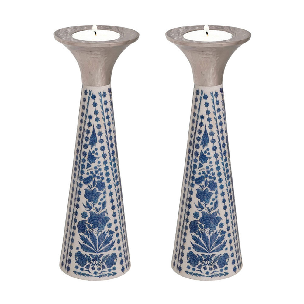Neema Enamel Metal Candlesticks, Blue Floral